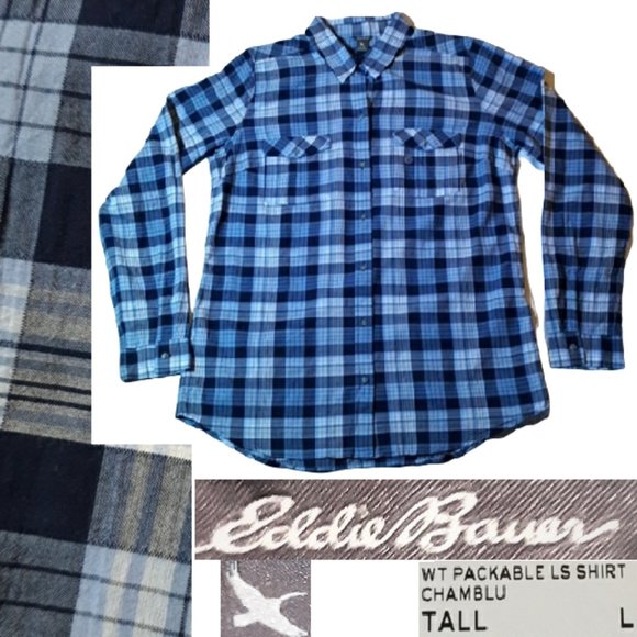 Eddie Bauer Tops - "WT Packable LS Shirt" "Chamblu" blue plaid button down